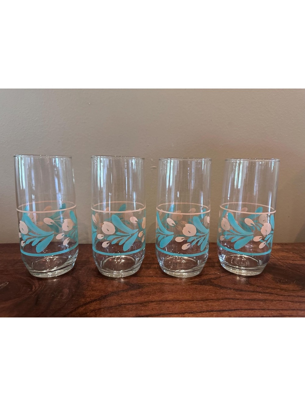 Libbey Peach and Mint Pastel Flower Water Iced Tea Glasses Set of 4